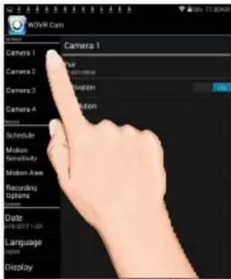 WTR Cam Camera 1 Camera 2 Camera 3 Camera 4 Schedule Motion Sensitivity Motion Area Recording Options Date Language Display