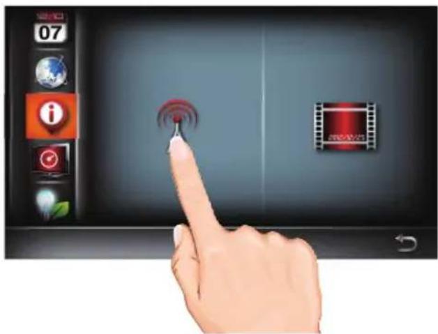 Hand interacting with a digital touchscreen interface displaying a red signal icon and a film strip, with UI elements like '07', 'i', and 'e' visible.
