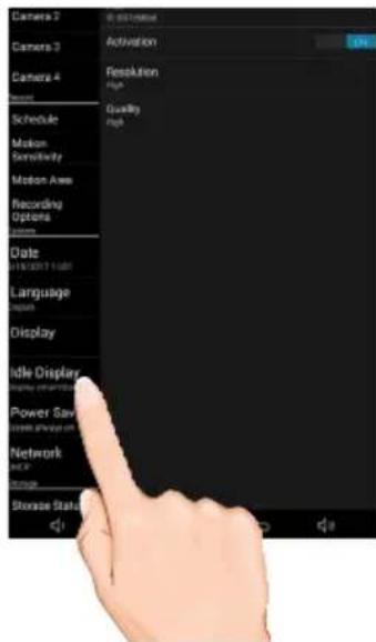 Camera 2 Camera 3 Camera 4 Schedule Motion Sensitivity Motion Area Recording Options Date Language Display Middle Display Power Save Network Storage Status Activation Resolution High Quality High