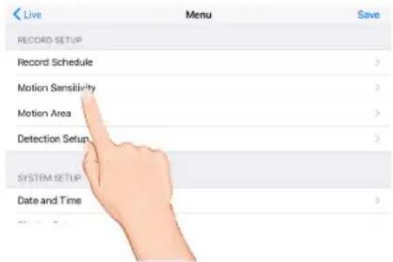 Live Menu Save RECORD SETUP Record Schedule Motion Sensitivity Motion Area Detection Setup SYSTEM SETUP Date and Time