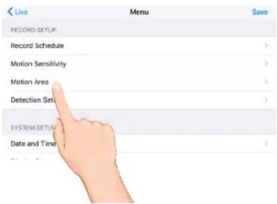 Live Menu Save RECORD SETUP Record Schedule Motion Sensitivity Motion Area Detection Setu SYSTEM SETUP Date and Time