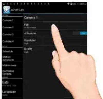 MTWR Cam Camera 1 Fair at -dramble Activation Resolution High Quality High Camera 2 Camera 3 Camera 4 Schedule Motion Sensitivity Motion Area Recording Options Data Language
