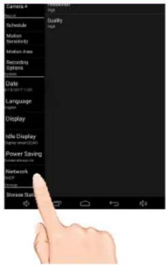 Camera 4 Schedule Motion Sensitivity Motion Area Recording Options Date 12:00 PMT 12:00 Language English Display Idle Display Display speed/2000 Power Saving Power savings on Network TCP Storage Status Quality High