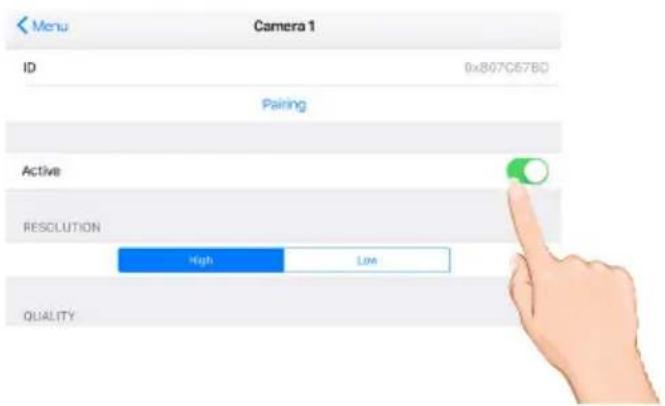 Menu Camera 1 ID 0x807C67BQ Pairing Active RESOLUTION High Low QUALITY