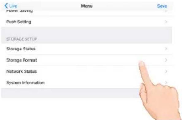 Live Menu Save Push Setting STORAGE SETUP Storage Status Storage Format Network Status System Information