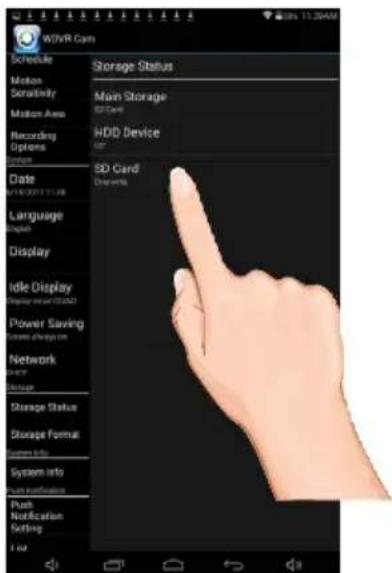 WiNR Cam Schedule Motion Sensitivity Motion Area Recording Options Date Language English Display Idle Display Driver server (CD/D) Power Saving Device always on Network System info Storage Status Storage Format System info Push Notification Setting List Storage Status Main Storage SD Card HDD Device SD Card One-way