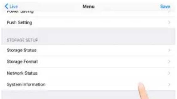 Live Menu Save Power Saving Push Setting > STORAGE SETUP Storage Status > Storage Format > Network Status > System information >