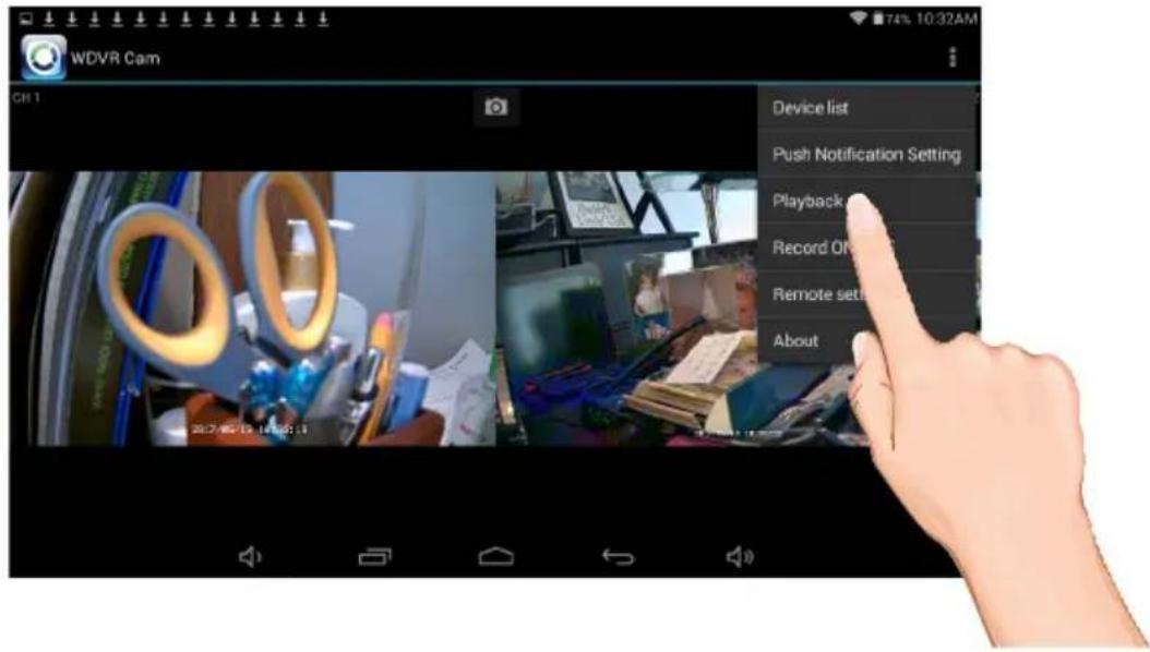 WDVR Cam CH 1 Device list Push Notification Setting Playback Record ON Remote set About
