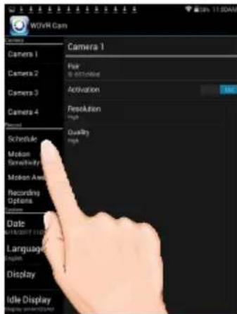 Wi-FiR Cam Camera 1 Camera 2 Camera 3 Camera 4 Position Schedule Motion Sensitivity Motion Angle Recording Options Date Language Display Idle Display