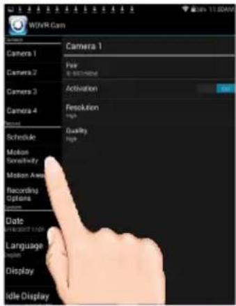 Wi-Fi Cam Camera 1 Fan Edit/Control Camera 2 Activation Camera 3 Resolution High Schedule Quality High Motion Sensitivity Motion Area Recording Options Options Date Language Display Idle Display