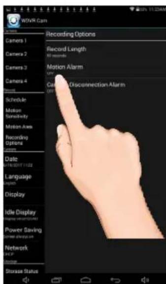 WiNR Cam Recording Options Record Length 80 records Motion Alarm Motion Disconnection Alarm Schedule Motion Sensitivity Motion Area Recording Options Date: DATE: 2017-11-22 Language Display Idle Display Power Saving Network Storage Status