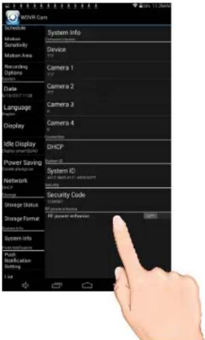 M7VR Cam Schedule System Info Medium Scratchify Device Motion Area Recording Options Camera 1 Camera 2 Language Display Camera 3 Display screen/HDAC Power Saving System ID Network Security Code Storage Status Storage Format System info Push Notification Setting IP power conversion OK