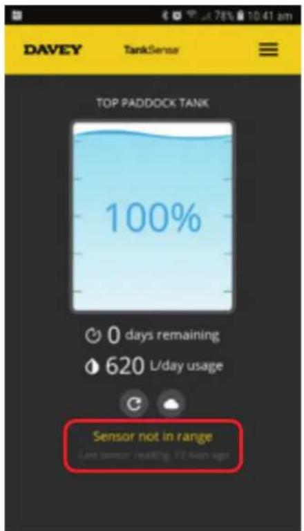 DAVEY TankSensor TOP PADDOCK TANK 100% 0 days remaining 620 L/day usage Sensor not in range Last sensor building, F2-4/4pt app