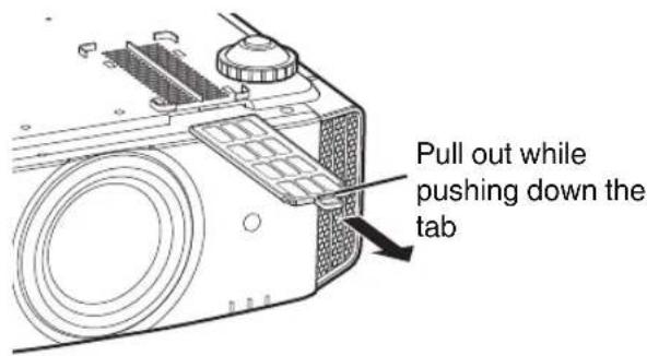 Pull out while pushing down the tab