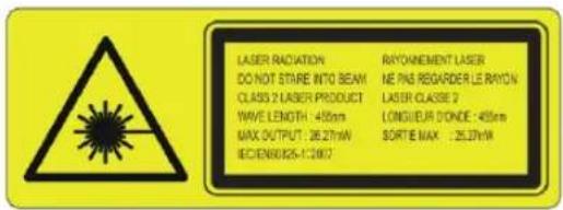 LASER RADIATION DO NOT STARE INTO BEAM CLASS 2 LASER PRODUCT WAVE LENGTH : 450cm MAX OUTPUT : 26.27mW RECJEN8026-1:2007 RAYONEMENT LASER ME PINS REGARDER LE RAYON LASER CLASSE 2 LONGIEUR DONDE : 450cm SORTIE MAX : 26.27mW