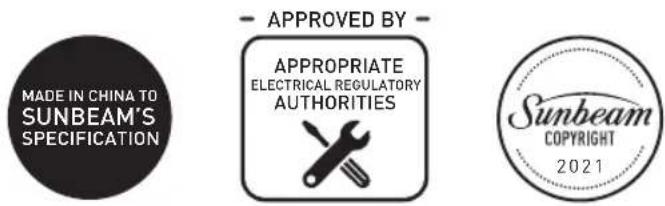 MADE IN CHINA TO SUNBEAM'S SPECIFICATION - APPROVED BY - APPROPRIATE ELECTRICAL REGULATORY AUTHORITIES Sunbeam COPYRIGHT 2021