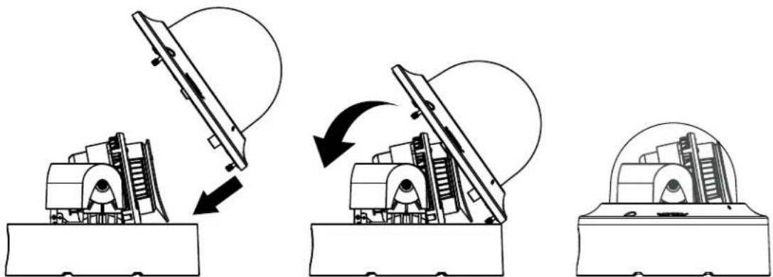 Diagram illustrating three stages of a mechanical device operation: press release, lifting, and mounting.