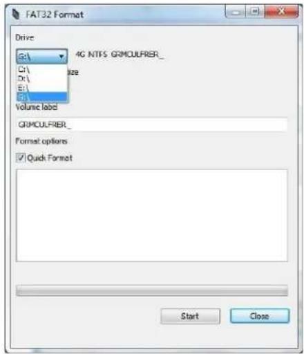 FAT32 Format Drive G:\ 4G NTFS GRMCULFRIER_ C: D: E: F: Volume label GRMCULFRIER_ Format options ✓ Quick Format Start Close