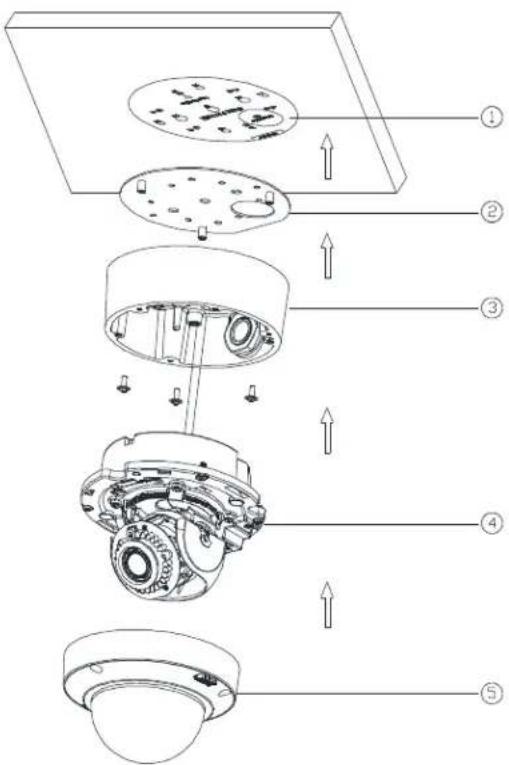 Technical diagram of a mechanical assembly with numbered components and directional arrows indicating assembly steps.