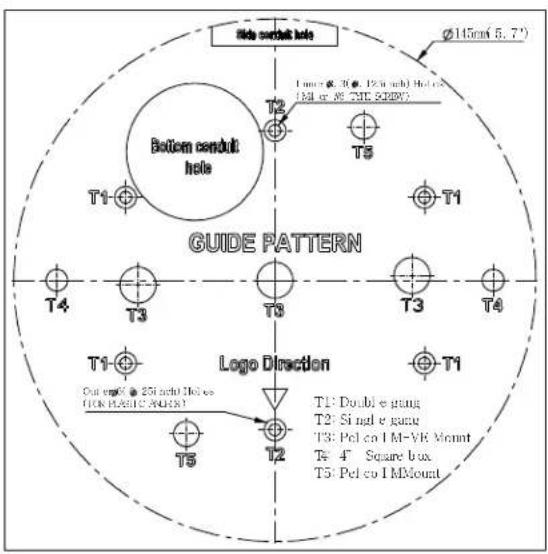 Side conduit hole Bottom conduit hole T1 T2 T5 T1 T3 T3 T3 T4 T1 T2 T1 T1 T1: Double e gang T2: Single e gang T3: Pel co I M-VK Mount T4: Square box T5: Pel co I MMount GUIDE PATTERN Logo Direction T1 T2 T5 T5 T145mm (5.7°)