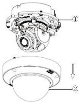 Technical diagram of a mechanical assembly with labeled parts, showing cross-sectional and top views