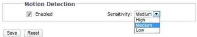 Motion Detection Enabled Sensitivity: Medium High Medium Low Save Reset
