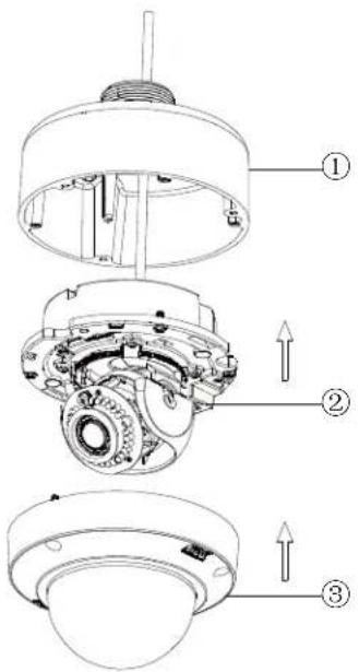 Technical diagram of a mechanical assembly with numbered parts and directional arrows indicating motion or assembly.