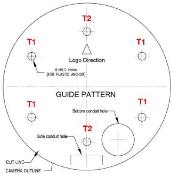 T2 T1 Logo Direction 6-Ø6.0 Holes (FOR PLASTIC ANCHOR) T1 T1 GUIDE PATTERN Bottom conduit hole Side conduit hole T2 T1 CUT LINE CAMERA OUTLINE