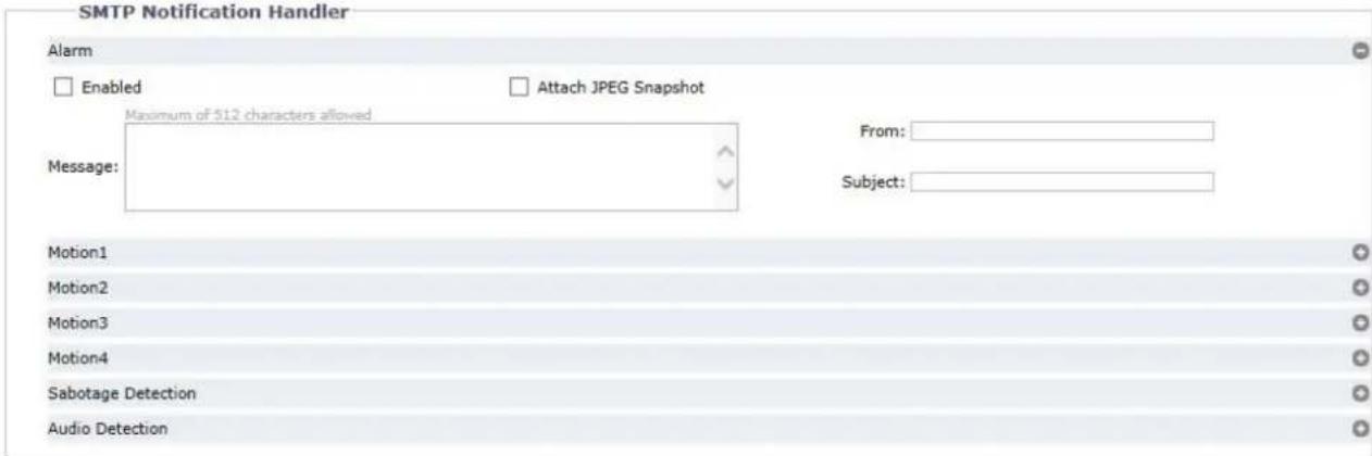 SMTP Notification Handler Alarm Enabled Attach JPEG Snapshot Maximum of 512 characters allowed Message: From: Subject: