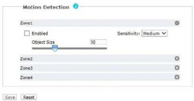 Motion Detection Zone1 Enabled Object Size 30 Sensitivity: Medium Zone2 Zone3 Zone4 Save Reset