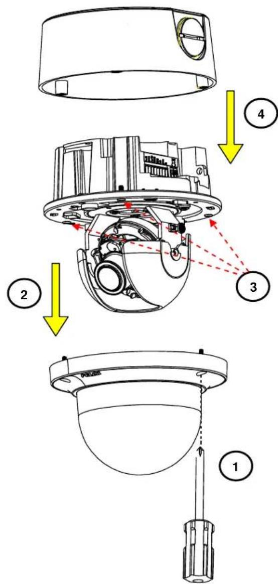 Technical diagram of a security camera with numbered parts and directional arrows indicating assembly steps