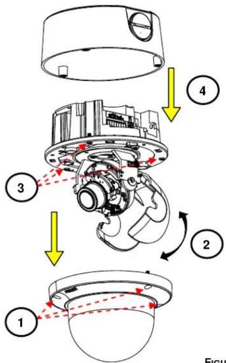 Technical diagram of a mechanical assembly with numbered components and directional arrows indicating motion or assembly steps.