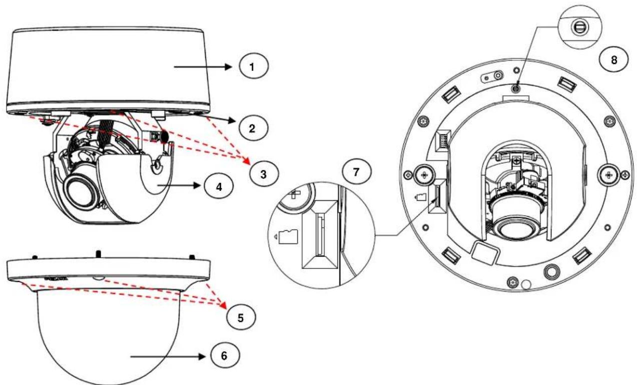 Technical diagram of a security camera with numbered components and exploded view, showing internal components and wiring connections.