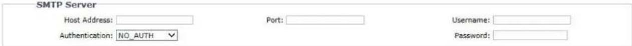 SMTP Server Host Address: ________ Port: ________ Username: ________ Authentication: NO_AUTH ▼ Password: ________