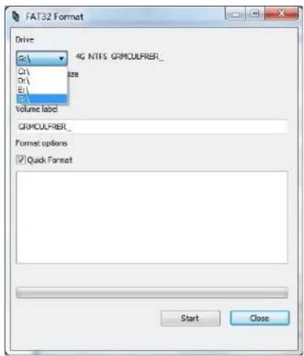 FAT32 Format Drive G:\ 4G NTFS GRMCULFRIER_ C:\ size D:\ E:\ B:\ Volume label GRMCULFRIER_ Format options ✓ Quick Format Start Close