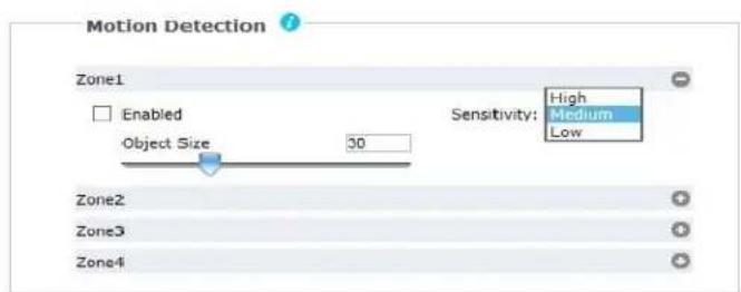 Motion Detection Zone1 Enabled Object Size 30 Sensitivity: High Medium Low Zone2 Zone3 Zone4