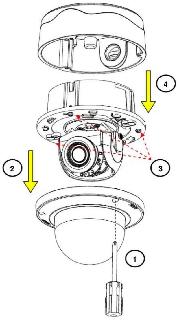 Technical diagram of a camera module with numbered parts and directional arrows indicating assembly steps