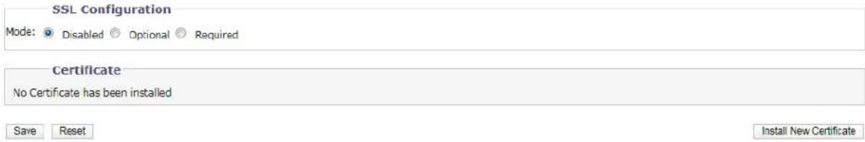 SSL Configuration Mode: Disabled Optional Required Certificate No Certificate has been installed Save Reset Install New Certificate