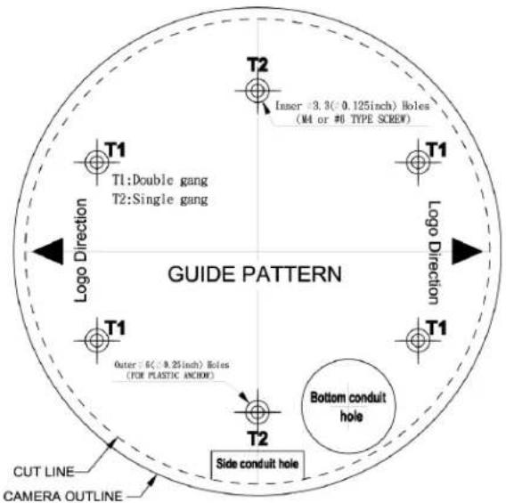 T2 Inner =3.3(0.125inch) Holes (M4 or #6 TYPE SCREW) T1:Double gang T2:Single gang T1 Logo Direction T1 Outer =6(0.25inch) Holes (FOR PLASTIC ANCHOW) T1 Logo Direction T2 Bottom conduit hole Side conduit hole CUT LINE CAMERA OUTLINE GUIDE PATTERN