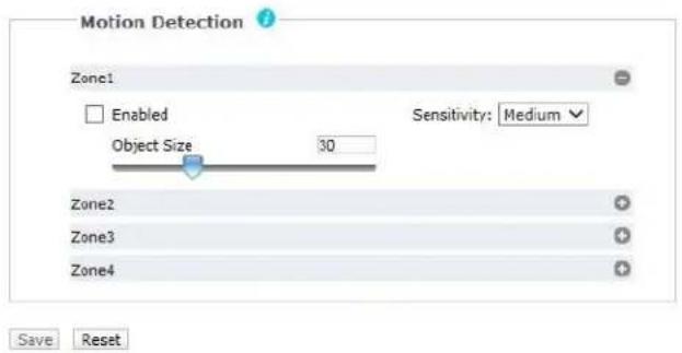 Motion Detection Zone1 Enabled Object Size 30 Sensitivity: Medium Zone2 Zone3 Zone4 Save Reset