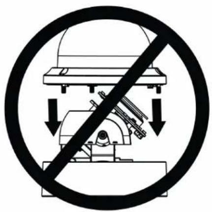Prohibition sign with crossed-out mechanical device and downward arrows indicating no movement or force