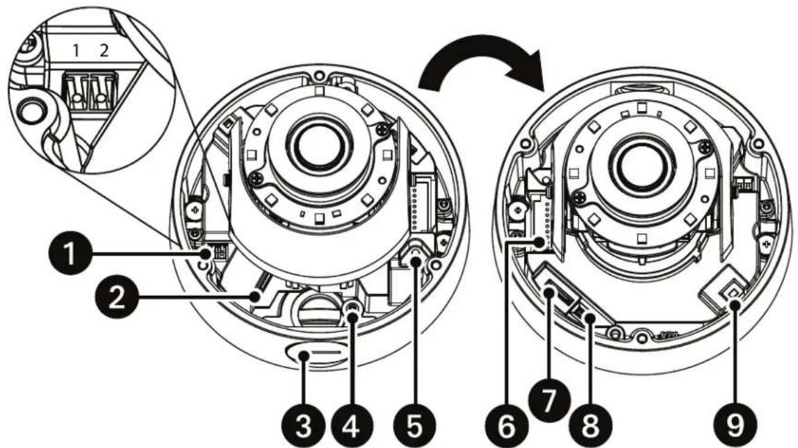 Technical diagram of a mechanical assembly with numbered components and an arrow indicating rotation or assembly.
