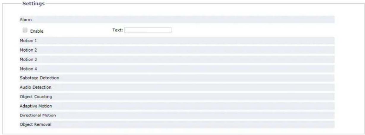 Settings Alarm Enable Text: Motion 1 Motion 2 Motion 3 Motion 4 Sabotage Detection Audio Detection Object Counting Adaptive Motion Directional Motion Object Removal