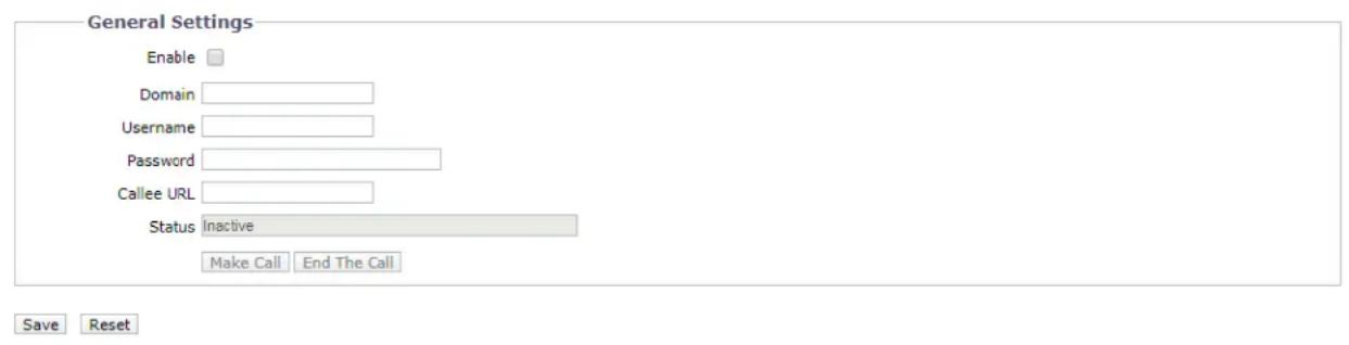 General Settings Enable Domain Username Password Callee URL Status Inactive Make Call End The Call Save Reset