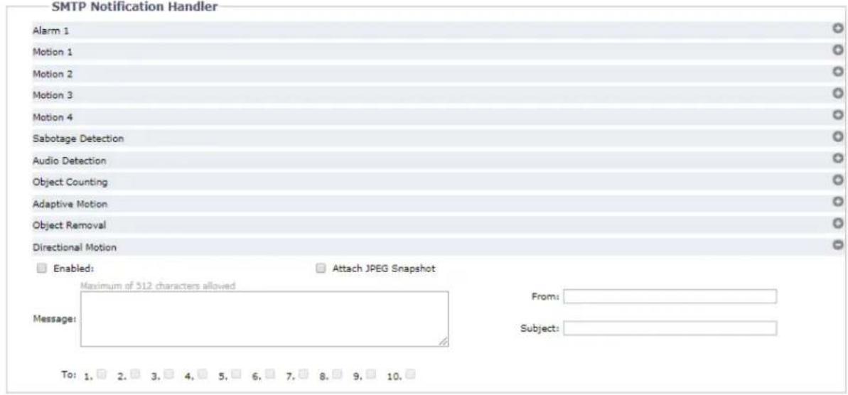 SMTP Notification Handler Alarm 1 Motion 1 Motion 2 Motion 3 Motion 4 Sabotage Detection Audio Detection Object Counting Adaptive Motion Object Removal Directional Motion Enabled: Attach JPEG Snapshot Maximum of 512 characters allowed Message: From: Subject: