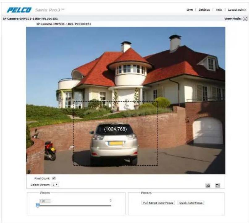 PELCO Sarix Pro3™ Live | Settings | Help | Lavaout admin IP Camera-IMP531-1IRS-191300151 View Mode: IP Camera-IMP531-1IRS-191300151 (1024,768) Pixel Count: 0 Select Stream: 1 Zoom 100 Focus Full Range Auto-Focus Quick Auto-Focus