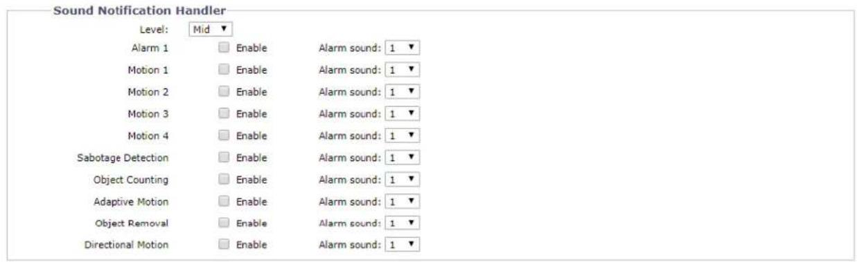 Sound Notification Handler Level: Mid ▼ Alarm 1 Enable Alarm sound: 1 ▼ Motion 1 Enable Alarm sound: 1 ▼ Motion 2 Enable Alarm sound: 1 ▼ Motion 3 Enable Alarm sound: 1 ▼ Motion 4 Enable Alarm sound: 1 ▼ Sabotage Detection Enable Alarm sound: 1 ▼ Object Counting Enable Alarm sound: 1 ▼ Adaptive Motion Enable Alarm sound: 1 ▼ Object Removal Enable Alarm sound: 1 ▼ Directional Motion Enable Alarm sound: 1 ▼