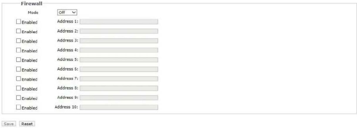 Firewall Mode Off Enabled Address 1: Enabled Address 2: Enabled Address 3: Enabled Address 4: Enabled Address 5: Enabled Address 6: Enabled Address 7: Enabled Address 8: Enabled Address 9: Enabled Address 10: Save Reset
