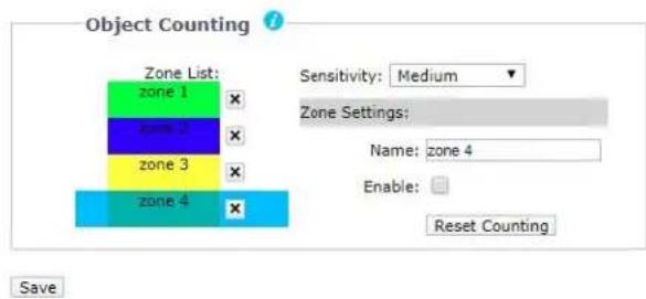 Object Counting Zone List: zone 1 zone 2 zone 3 zone 4 Sensitivity: Medium Zone Settings: Name: zone 4 Enable: Reset Counting Save