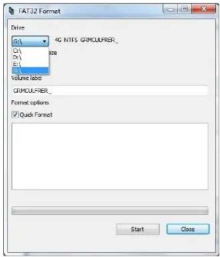 FAT32 Format Drive 4G NTFS GRMCULFRER_ Volume label GRMCULFRER_ Format options ✓ Quick Format Start Close